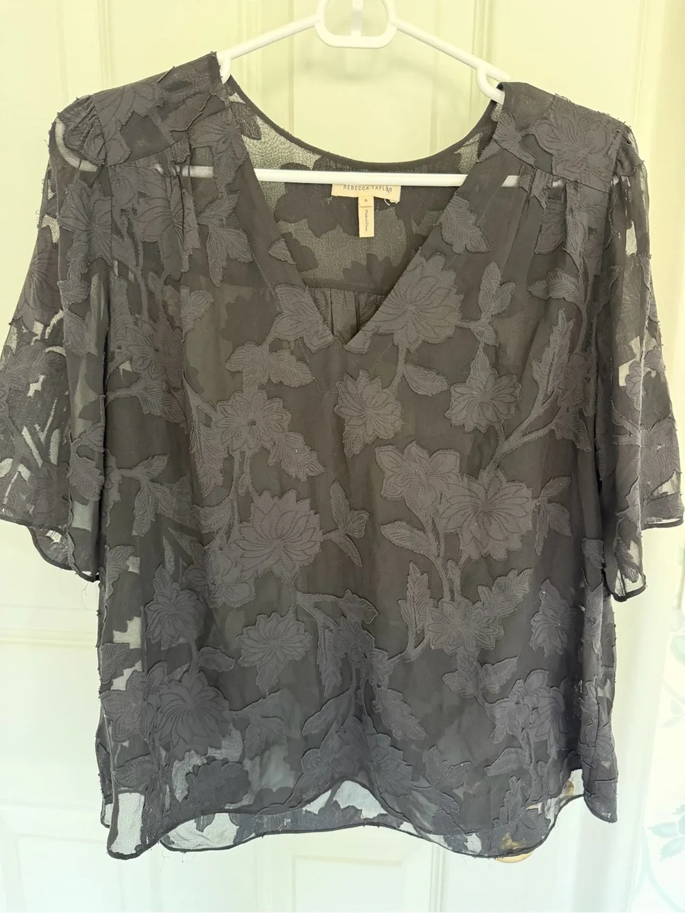 Rebecca Taylor Textured Floral V-Neck Sheer Blouse in Black - y